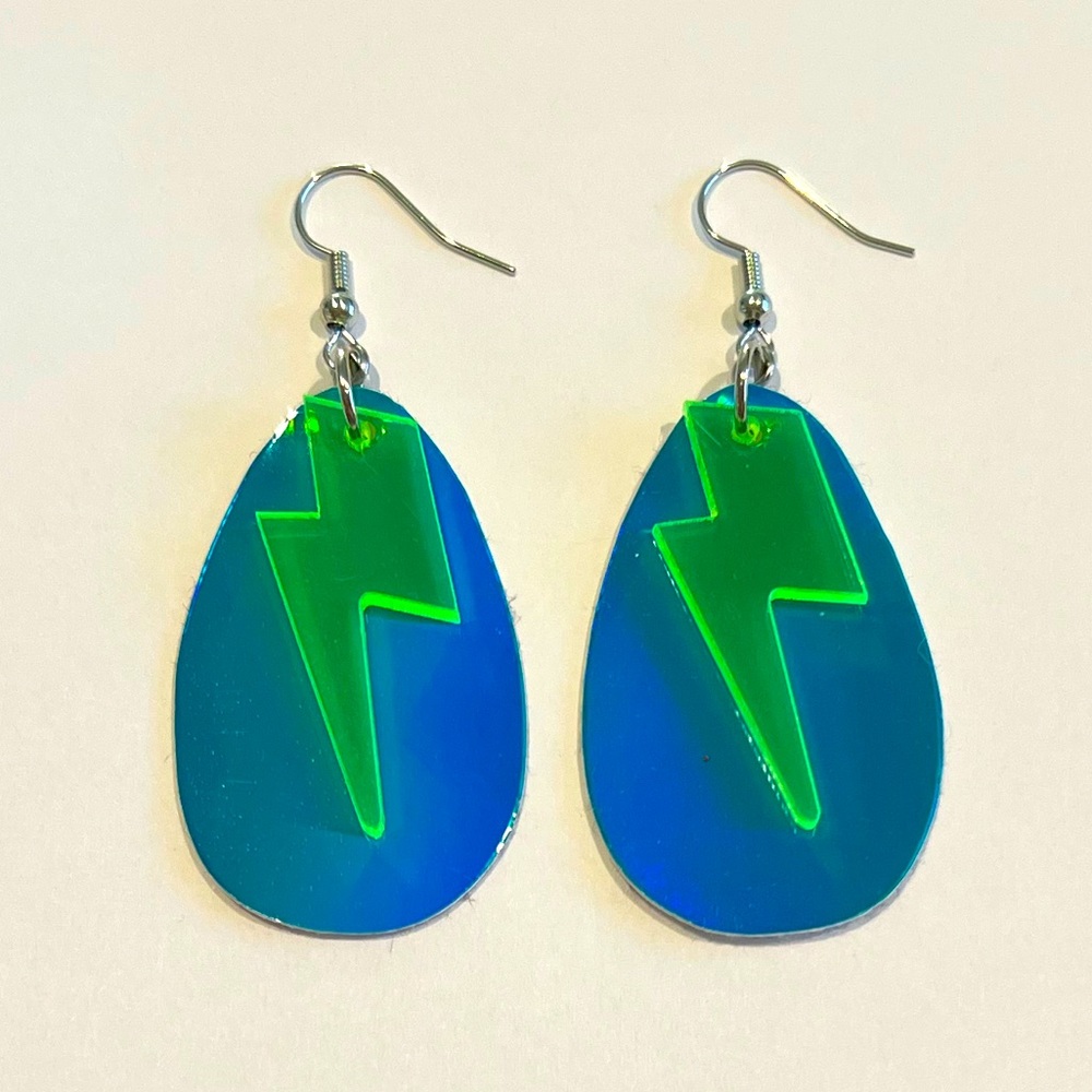 Metallic iridescent blue faux leather Lightning Bolt earrings